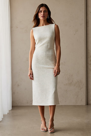 Ivory Midi Sheath Round Neck Work Dress